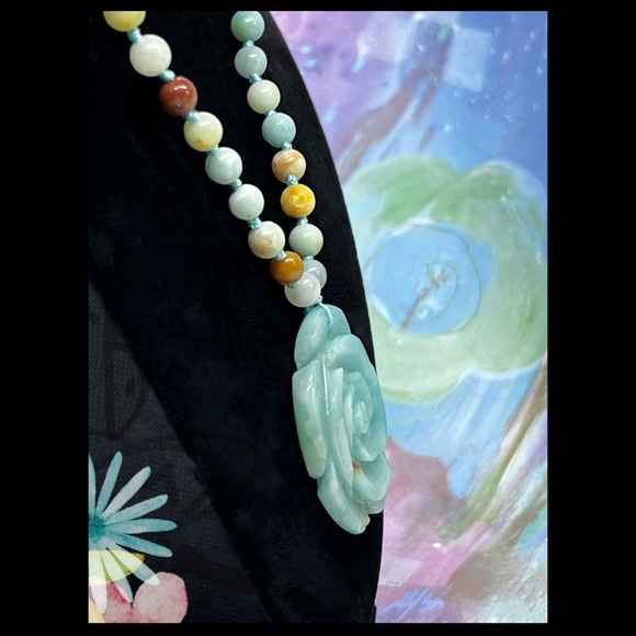 Colorful Amazonite Beaded Necklace w/a Carved Floral Amazonite Pendant - Picture 2 of 7